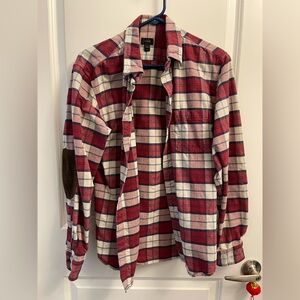J. Crew Red and White Plaid Shirt Jacket with Brown Elbow Patches